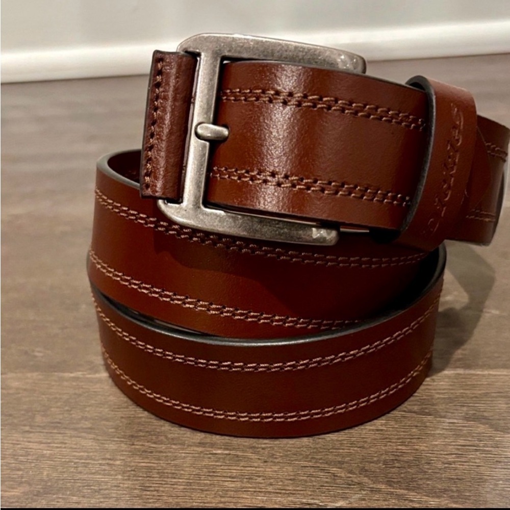 Dickies Genuine Leather Workwear,dark tan/brown,silvertone buckle,embossed logo